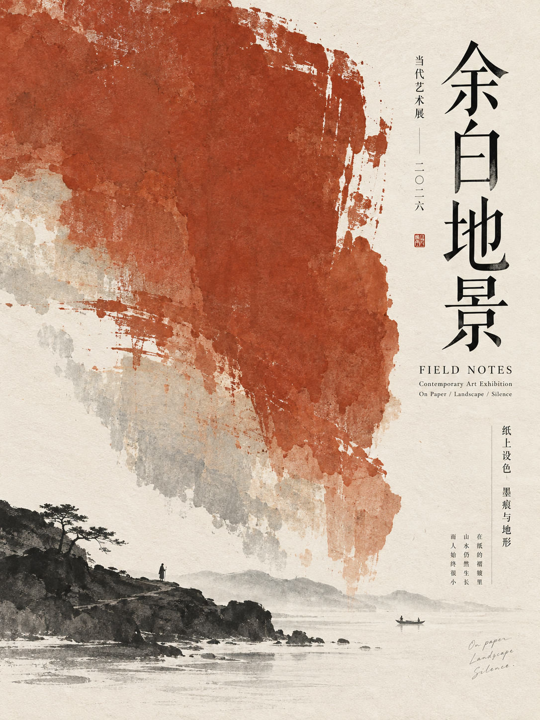 余白地景海报：赭红笔触、纸纹与水墨山水 / Landscape on Paper poster with rust-red brushwork, paper texture and an ink landscape